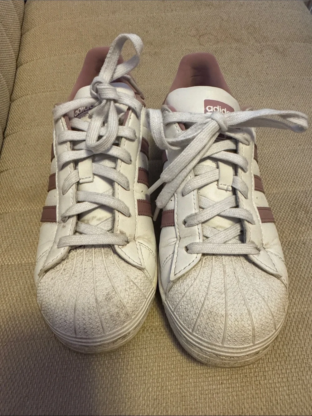 adidas White Leather Superstars with Mauve Accent